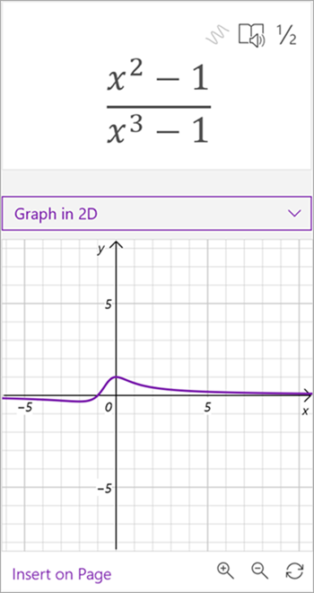 zrzut ekranu przedstawiający wygenerowany przez asystenta matematycznego wykres równania x do kwadratu — 1 nad x do trzeciego minus 1