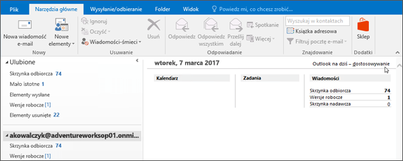 Zrzut ekranu przedstawiający widok Outlook na dziś w programie Outlook z nazwą właściciela skrzynki pocztowej, bieżącym dniem i datą oraz skojarzonym kalendarzem, zadaniami i wiadomościami na ten dzień.