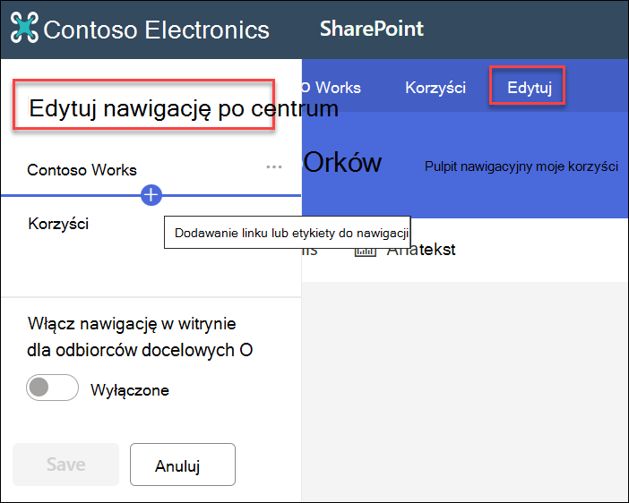 zrzut ekranu przedstawiający nawigację po centrum edycji