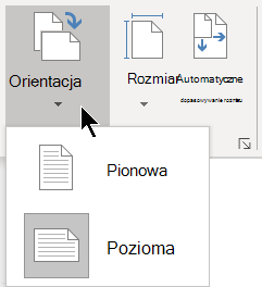 Na karcie Projektowanie w menu Orientacja można wybrać pozycję Orientacja pionowa lub Pozioma dla strony programu Visio.