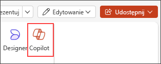Zrzut ekranu przedstawiający przycisk Copilot w menu wstążki programu PowerPoint