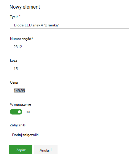 Formularz pojedynczego elementu listy