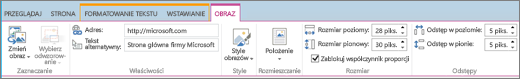 Zrzut ekranu przedstawiający sekcję wstążki usługi SharePoint Online z wybraną kartą Obraz oraz dostępnymi opcjami w grupach Zaznaczanie, Właściwości, Style, Rozmieszczanie, Rozmiar i Odstępy.