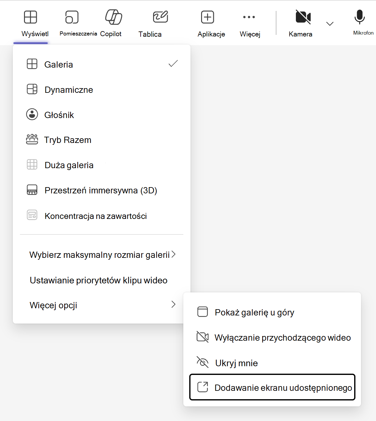Przełącznik widoku, oznaczany przyciskiem "Widok" na pasku menu spotkania aplikacji Teams, zawiera opcję dodania trybu wyświetlania udostępnionego w menu podrzędnym "Więcej opcji".