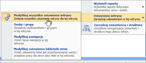 Opcja Modyfikuj wszystkie ustawienia witryny w obszarze Ustawienia witryny