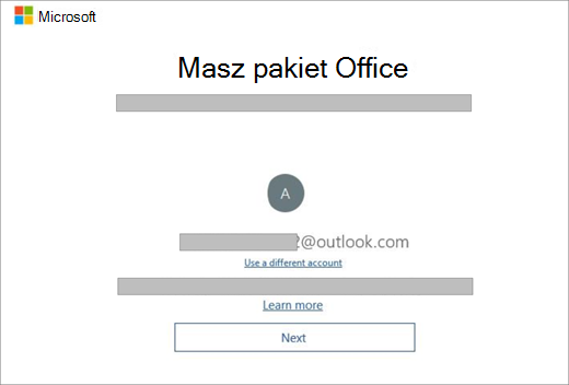 Przedstawia ekran, który pojawia się po zakupie nowego urządzenia z licencją na pakiet Office. Ten ekran wskazuje, że pakiet Office znalazł Twoje istniejące konto Microsoft.