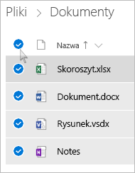Zrzut ekranu przedstawiający wybieranie wszystkich plików i folderów w usłudze OneDrive