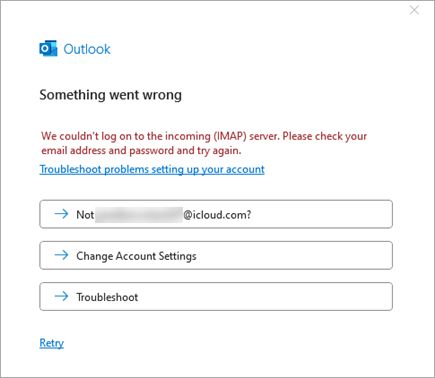 Zrzut ekranu przedstawiający komunikat o błędzie Wystąpił problem podczas dodawania konta usługi iCloud