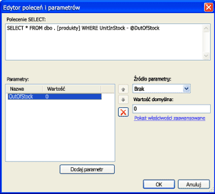 Okno dialogowe Edytor poleceń i parametrów zawierające instrukcję SQL z parametrem
