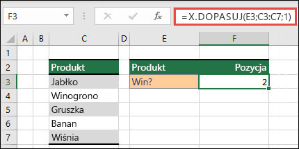 Przykład użycia funkcji X.DOPASUJ do zwracania wyszukiwania z użyciem symboli wieloznacznych