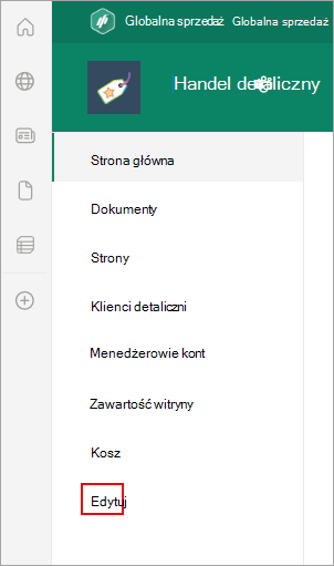 Zrzut ekranu przedstawiający lokalizację polecenia Edytuj na stronie programu SharePoint.