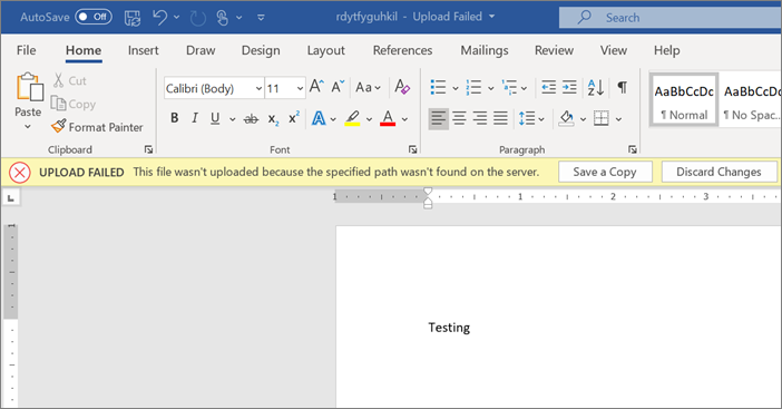 Zrzut ekranu Upload błędu podczas edytowania dokumentu w programie Word