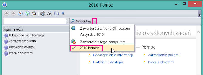 Picture Manager help window, showing the 2010 Help option