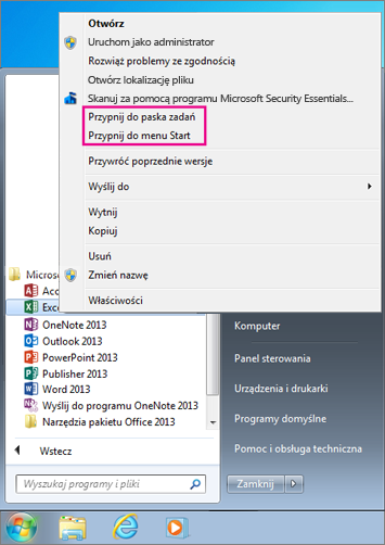 Przypinanie aplikacji pakietu Office do menu Start lub paska zadań w systemie Windows 7