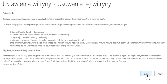 Usuwanie ekranu z ostrzeżeniem o witrynie i potwierdzeniem