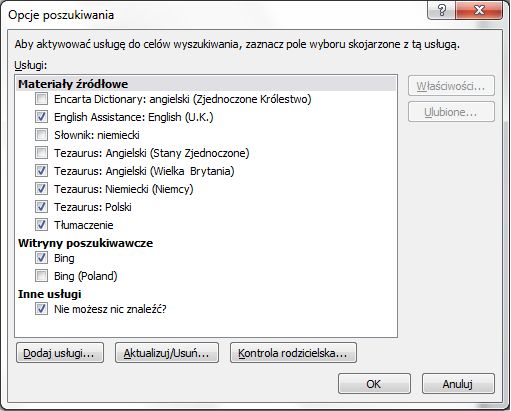 Zrzut ekranu przedstawiający okno Opcje poszukiwania