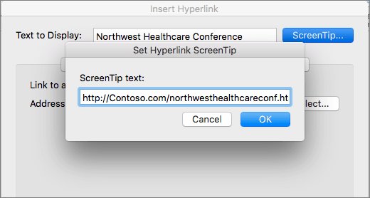 Zrzut ekranu przedstawiający okna dialogowe Wstawianie hiperlinku i Tekst etykietki ekranowej.