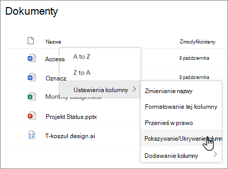The Column settings > Show/hide columns option when a column heading is selected in a modern SharePoint list or library