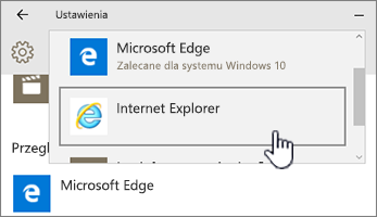 Wybór przeglądarki Microsoft Edge lub Internet Explorer w obszarze Programy domyślne