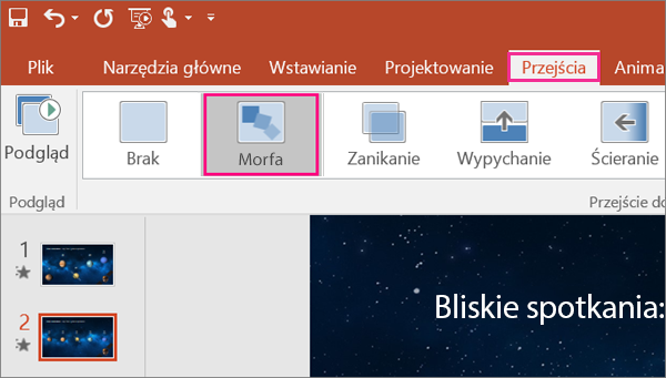 Przejście Płynna zmiana w menu Przejścia w programie PowerPoint 2016