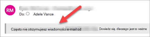 Tag bezpieczeństwa w wiadomości e-mail informujący o tym, że często nie otrzymujesz wiadomości e-mail od tego nadawcy.
