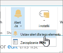 Ustawianie alertu dla elementu z wybranym elementem w programie SharePoint 2016