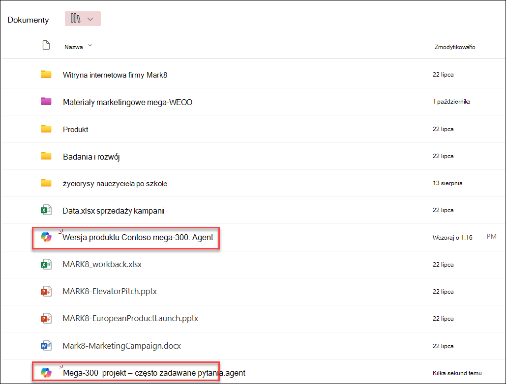 zrzut ekranu przedstawiający agentów funkcji copilot zapisanych w bieżącym folderze biblioteki dokumentów