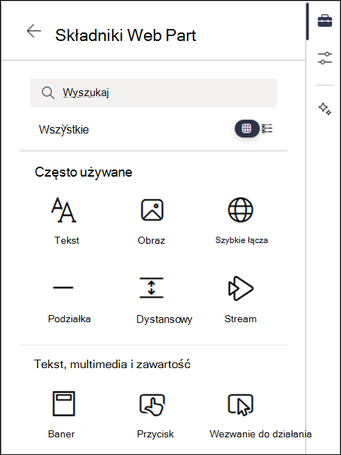 Składniki Web Part wymienione w poziomie 2 zestawu narzędzi