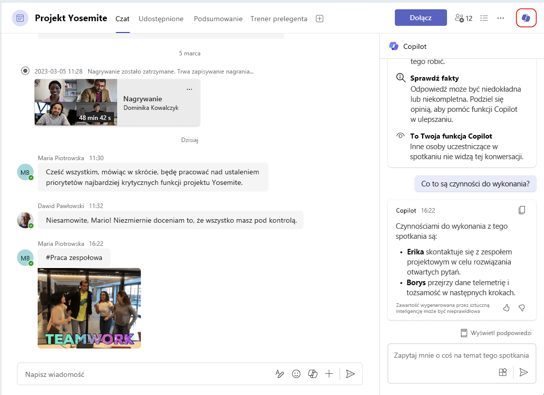 wpis funkcji Copilot z czatu spotkania
