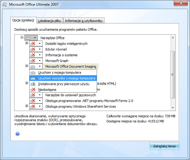 Zrzut ekranu przedstawiający lokalizację funkcji MODI podczas instalacji pakietu Office 2007: