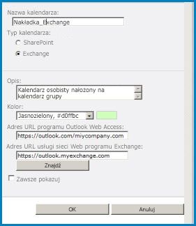 Zrzut ekranu przedstawiający okno dialogowe nakładki kalendarza w programie SharePoint. Okno dialogowe zawiera nazwę kalendarza, Typ kalendarza (Exchange) i nadaje adresy URL dla aplikacji Outlook Web Access i Exchange Web Access.