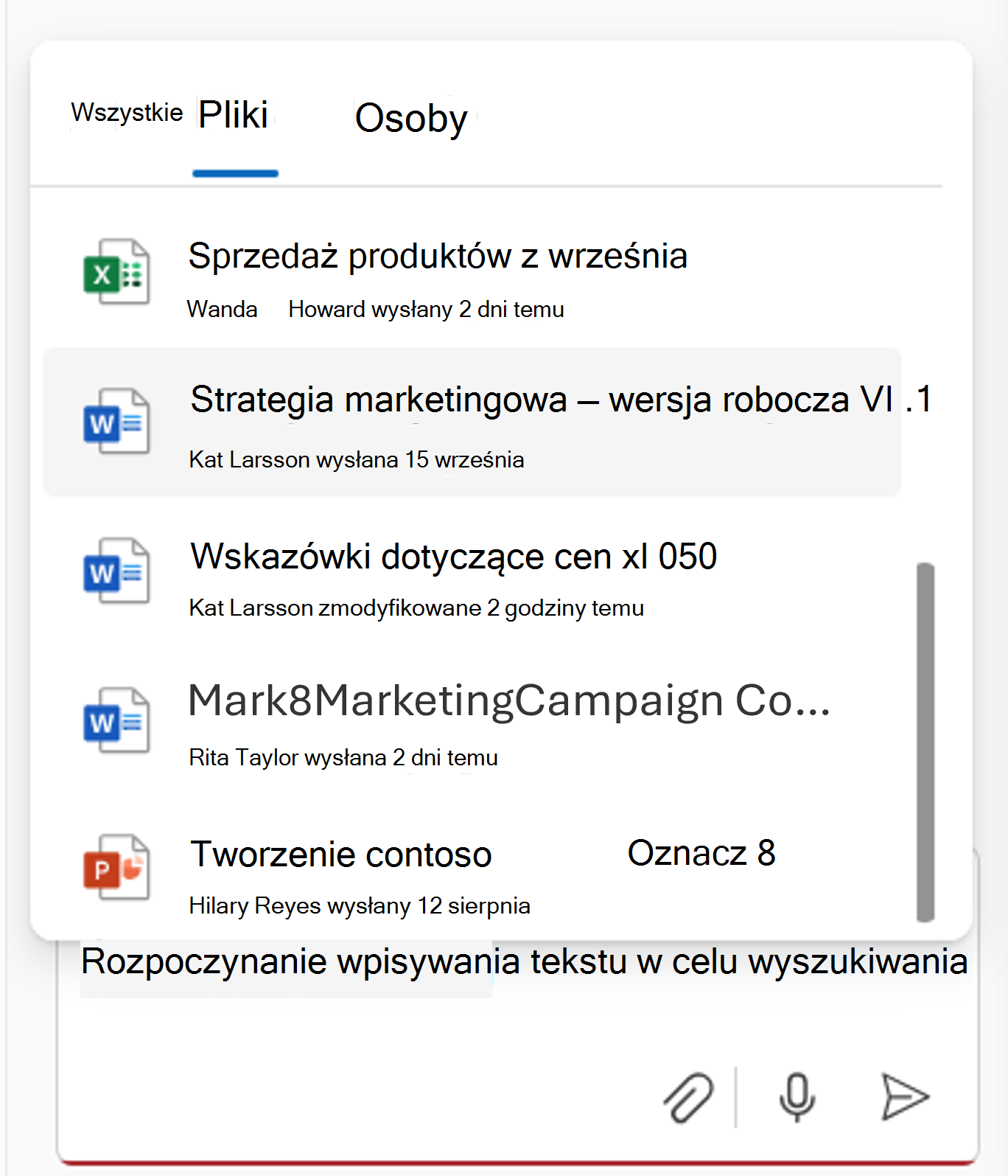Zrzut ekranu przedstawiający wybieranie plików z selektorem plików podczas czatu usługi Copilot