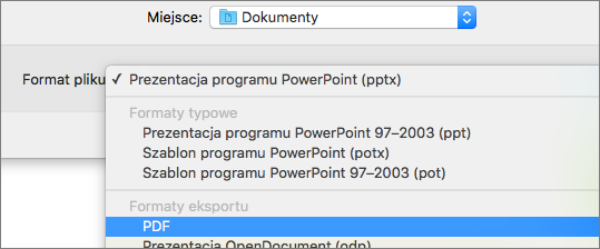 Przedstawia opcję PDF na liście Formaty plików w oknie dialogowym Zapisywanie jako w programie PowerPoint 2016 dla komputerów Mac.