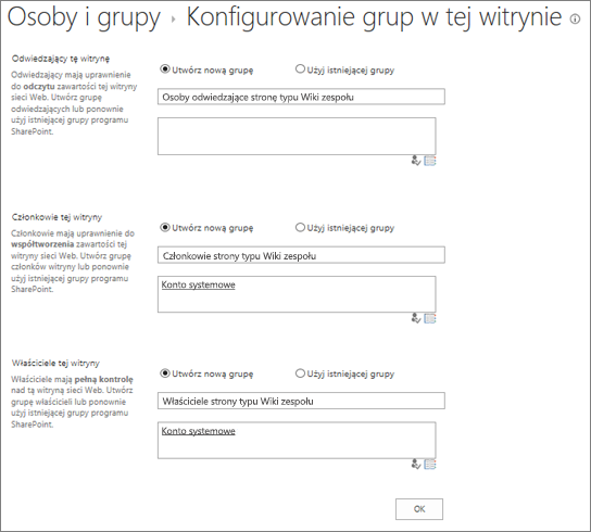 Okno dialogowe konfigurowania grup w witrynie