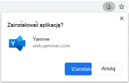 Zrzut ekranu przedstawiający okno dialogowe instalacji aplikacji PWA Yammer w Chromium internetowych