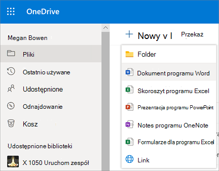 Menu Nowy plik lub folder w usłudze OneDrive dla Firm