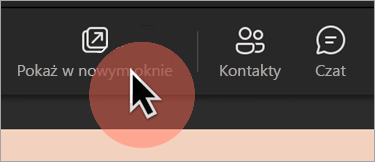 Zrzut ekranu przedstawiający opcję Pokaż wyskakujące okienko na pasku narzędzi spotkania w aplikacji Teams, aby otworzyć udostępnioną zawartość w osobnym oknie (na pulpicie).