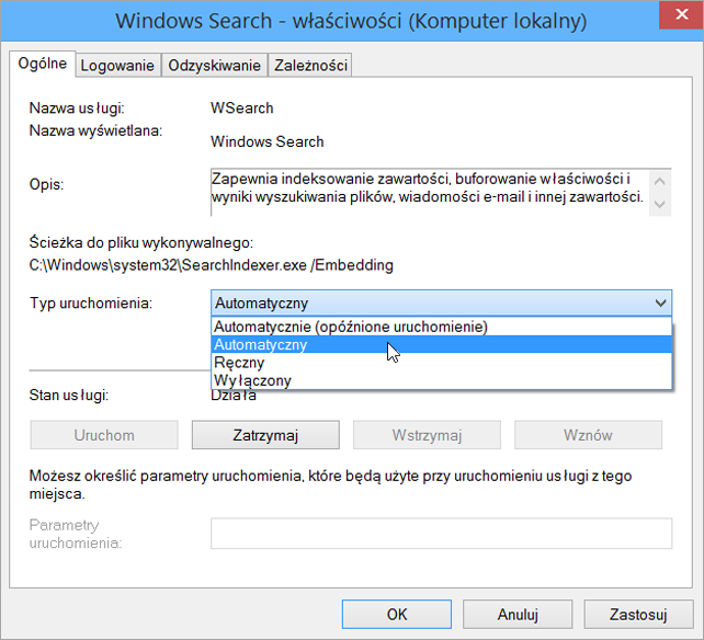 Zrzut ekranu przedstawiający okno Windows właściwości wyszukiwania z ustawieniem Automatycznie wybrane dla ustawienia Typ uruchomienia.