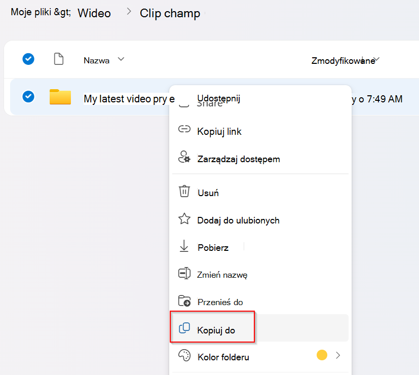 Skopiuj folder projektu w usłudze OneDrive, aby upewnić się, że skopiowany projekt zawiera jego folder Elementy zawartości