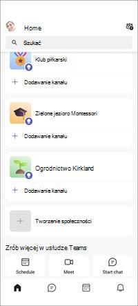 Ekran aplikacji mobilnej społeczności w aplikacji Teams w wersji bezpłatnej