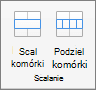 Zrzut ekranu przedstawiający grupę Scalanie dostępną na karcie Układ tabeli z opcjami Scal komórki i Podziel komórki.