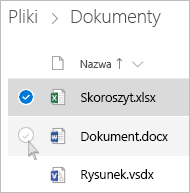 Zrzut ekranu przedstawiający wybieranie pliku w usłudze OneDrive w widoku listy