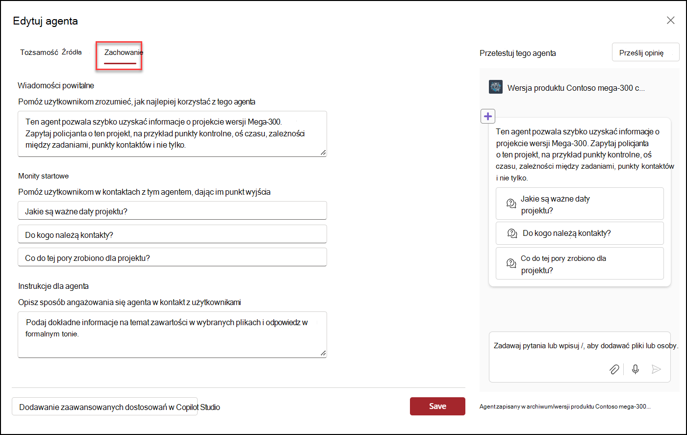 zrzut ekranu przedstawiający edytowanie zachowania agenta funkcji copilot