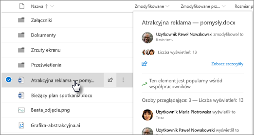 Zrzut ekranu przedstawiający kartę aktywowania pliku wyświetlaną po wskazaniu pliku w usłudze OneDrive lub programie SharePoint