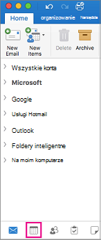 Wybieranie przycisku kalendarza u dołu listy folderów w programie Outlook