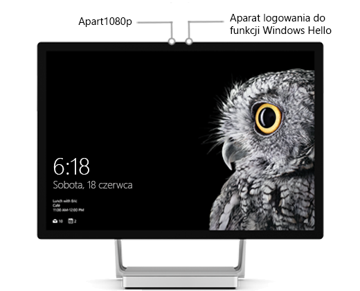 Obraz przedstawiający ekran tabletu Surface Studio z etykietami identyfikującymi położenie dwóch aparatów u góry na środku