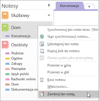Zrzut ekranu, na którym wyjaśniono, jak zamknąć notes w programie OneNote 2016.