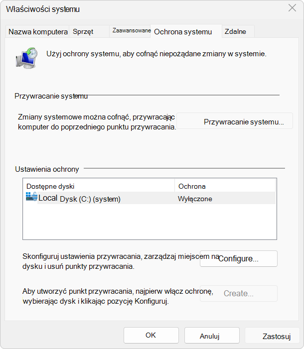 Zrzut ekranu przedstawiający ustawienia ochrony systemu.