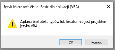 Zrzut ekranu przedstawiający błąd w oknie Microsoft Visual Basic for Applications