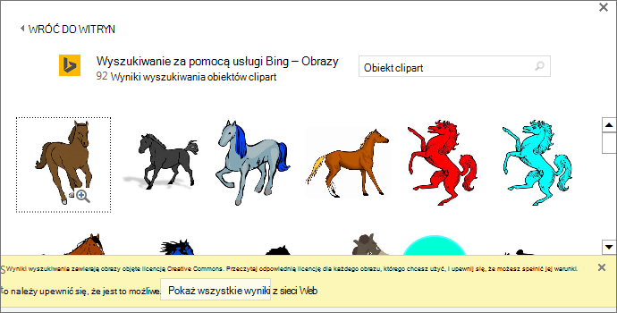 Wyszukanie obiektu clipart z koniem powoduje zwrócenie różnych obrazów objętych licencją Creative Commons.